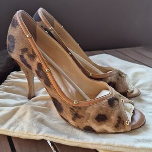 Cole Haan Collection Leopard Print Peep-Toe Heels with Gold Studs